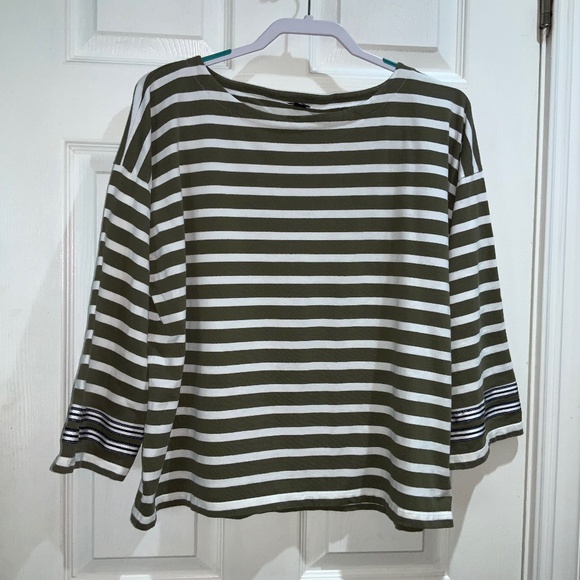 J. Crew cotton striped bateau neck top M drop shoulder bell sleeve ribbon trim - Picture 1 of 6